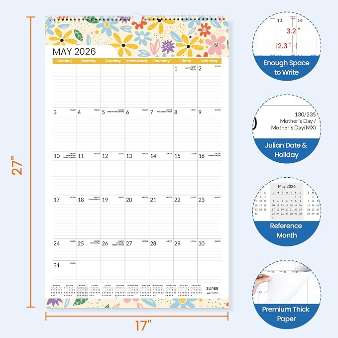 SUNEE 2026 Wall Calendar Extra Large 17"x27", 21 Month Calendar (Ends December 2027), Vertical Large Monthly Calendar 2026-2027 for Wall, Seasons Color
