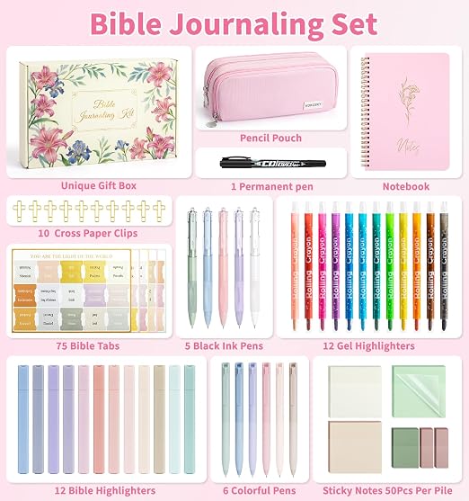 59Pcs Bible Study Supplies, Bible Journaling Kit for Women, Pink Pencil Case, 12 Pastel No Bleed Highlighters and 6 Colored Pens, Bible Tabs and More, Book Annotation Kit for Women & Men (Pink)