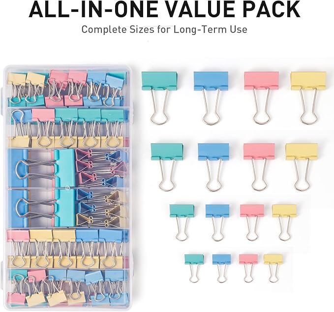 Colored Binder Clips, Assorted Sizes, 120 PCS | Large Medium Small Mini Paper Clamps, 4 Sizes (1.26"/0.98"/0.75"/0.59"), Storage Case, Office Supplies Clips