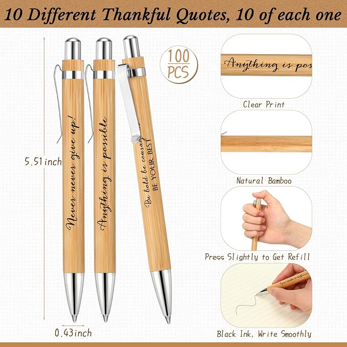 Fulmoon 200 Pcs Motivational Pens Inspirational Notebooks Gifts Bulk Inspirational Ballpoint Pen Small Note Pads Appreciation Gifts for Employee Nurse Volunteer Teacher Back to School (Brown)