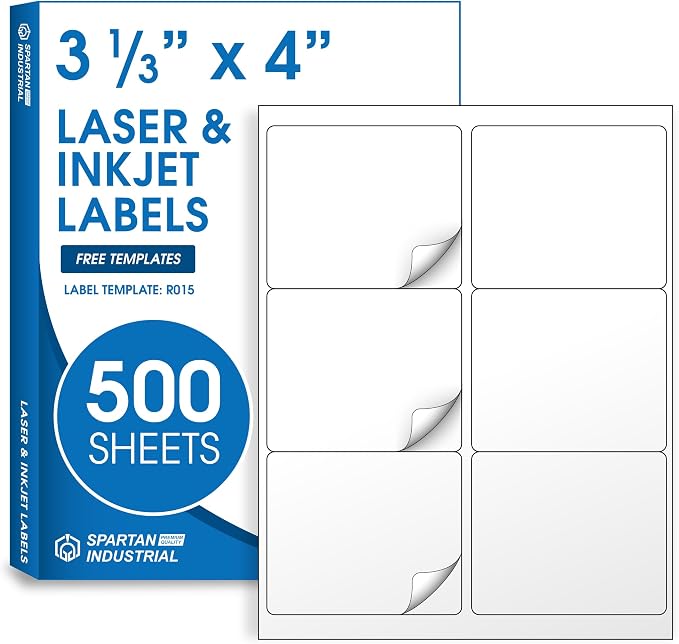 4" X 3.33" Matte White Printable Shipping Labels (500 Sheets, 3000 Stickers) Address and Mailing Labels for Laser & Inkjet Printers - Spartan Industrial Template R015