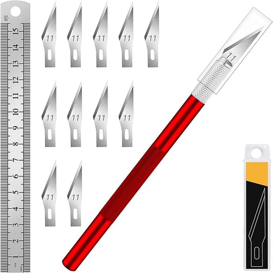 DIYSELF Hobby Knife Set with 10 Extra #11 Blades, 15cm Metal Ruler for Art | Hobby Knife Set for Model Making, Pottery, Paper & Vinyl Projects, Exacto Knife for Crafting, Artists & Hobbyists, Red