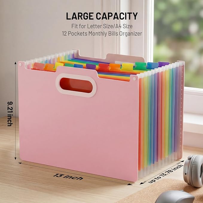 Comix Expanding File Folder, 13 Pockets Accordion File Organizer, Pink | Letter/A4 Size Document Organizer, For Home Office School