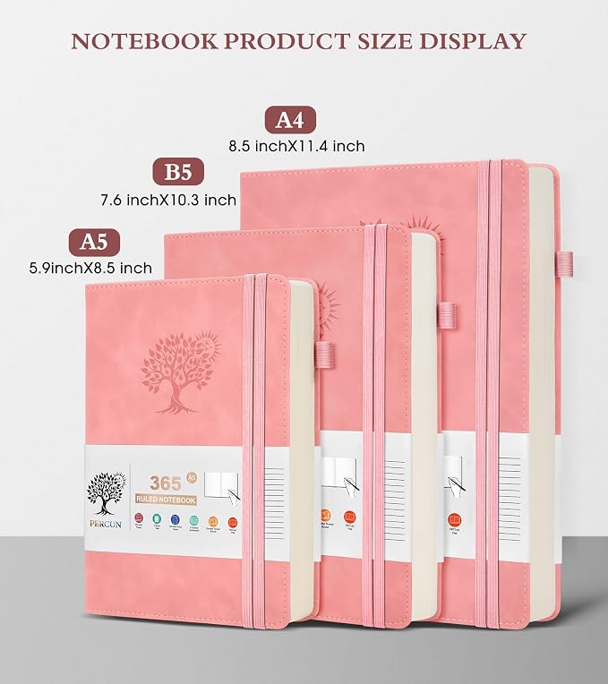 PERCUN B5 Lined Journal Notebook - 365 Page Large Leather Journals for Writing Women Men，Hardcover Notebook with 100Gsm Thick Pages，Daily Diary for Travel, Work，School，College Ruled (7.6" x 10.3")