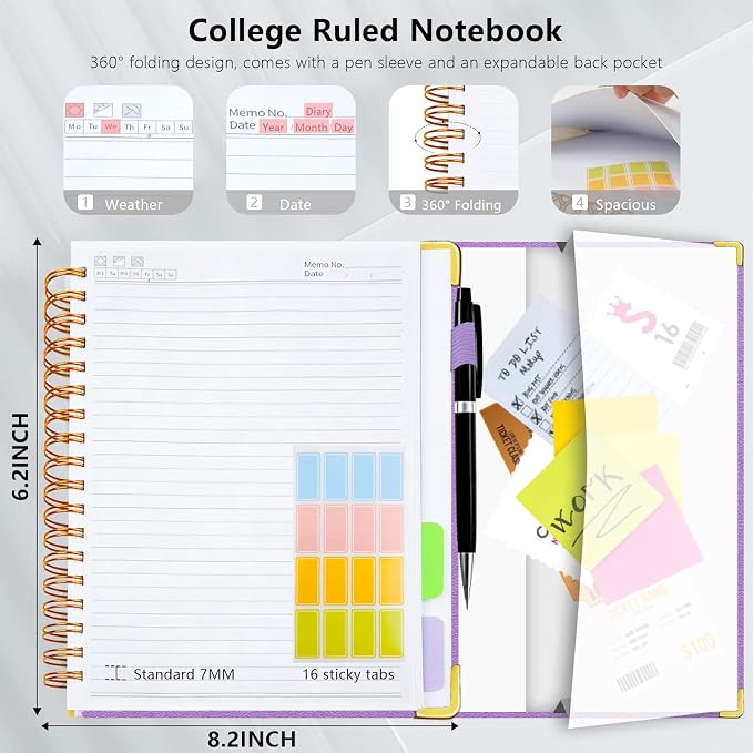 Hardcover Spiral Notebook College Ruled, 6.2"x 8.2" Leather Journal Notebook with Magnetic Closure, 300 Pages 5 Subject Notebook with Dividers Tabs Journal for Women Men, Work, School(Lavender Purple)