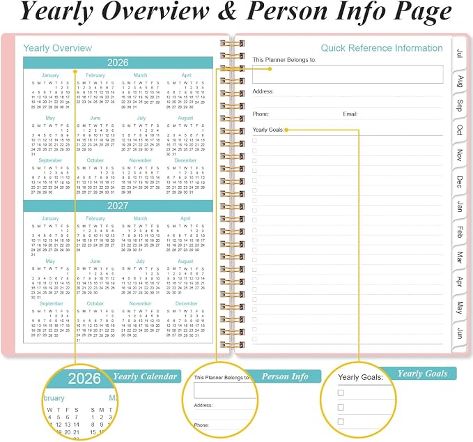 2026-2027 Planner - Planner 2026-2027 from July 2026 - June 2027, Weekly & Monthly Planner Spiral Bound with 12 Monthly Tabs, Inner Pocket, 6.4" x 8.5", Pink-E