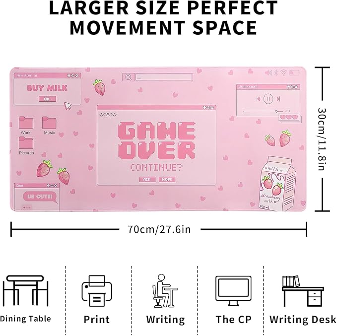 Pink Gaming Mouse Pad 27.6x11.8 Inch Pastel Game Over Large Mousepad Kawaii Office Decor for Women Non-Slip Rubber Base Stitched Edges Keyboard Mouse Mat Desk Pad for Office Home and Game