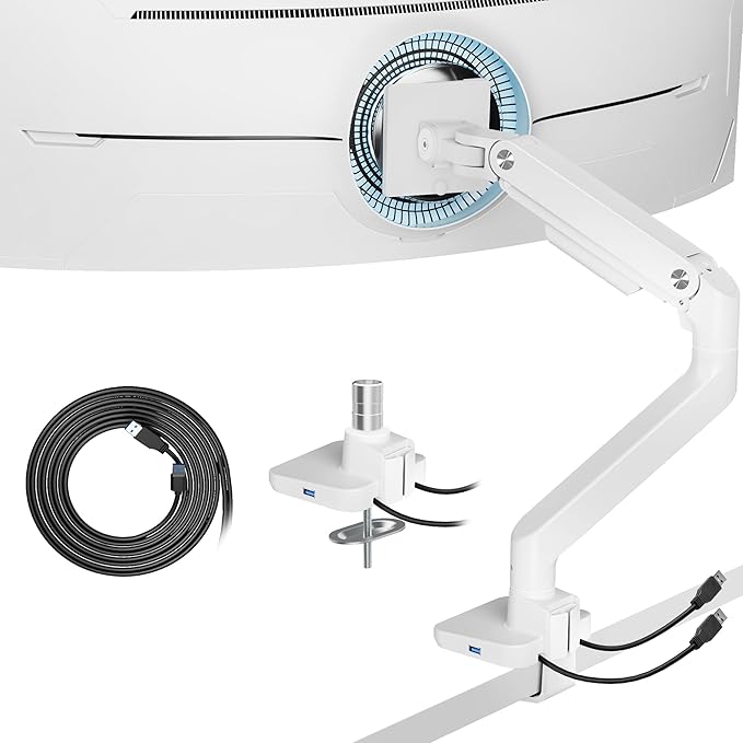 ARES WING Ultrawide Monitor Arm with USB for 17 to 49 Inch Screen, White | Pro Gas Spring, Full Range of Motion, for 75/100 Vesa Mount, for Samsung, LG Curved/Flat Monitor, Easy Install, Hold 44lbs