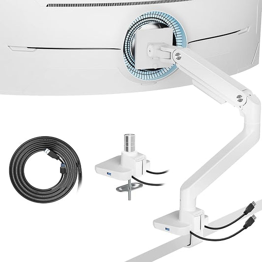 ARES WING Ultrawide Monitor Arm with USB for 17 to 49 Inch Screen, White | Pro Gas Spring, Full Range of Motion, for 75/100 Vesa Mount, for Samsung, LG Curved/Flat Monitor, Easy Install, Hold 44lbs