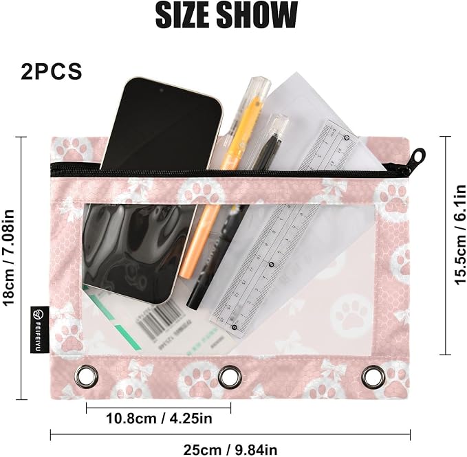 Emelivor Cute Paw Pink Pencil Pouch for 3 Ring Binder 2 Pcs Pockets Pencil Pouches Bag with Clear Pencil Case Cosmetic Bag for College Office Daily Supplies