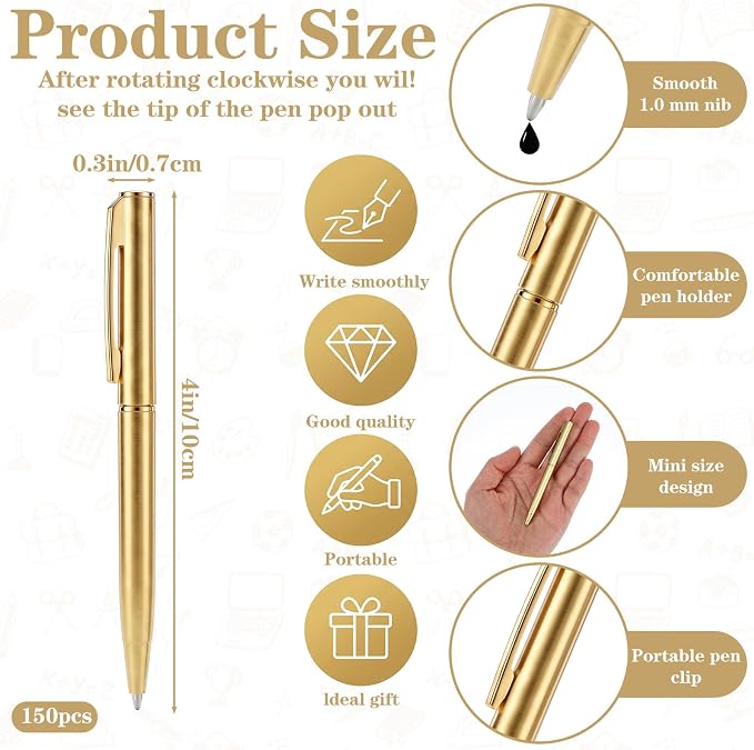 150Pcs Slim Ballpoint Pens, 4 Inch Retractable Black Ink Ballpoint, Medium Point, Bulk Metal Pen Set, Gold & Silver & Black Options, Wedding Favors, Office, Business, Teachers