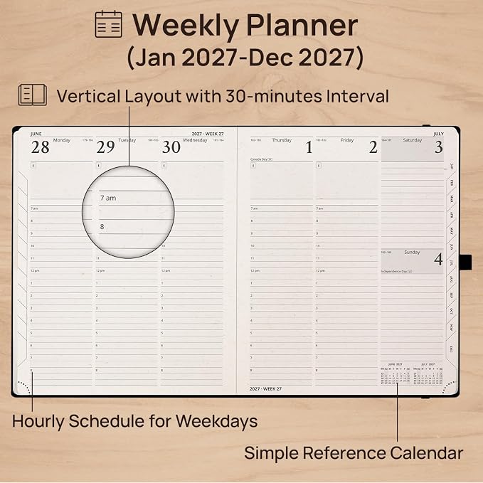 POPRUN 2027 Planner Weekly and Monthly, 8.5" x 10.5" Recycled Paper Calendar, Jan 2027- Dec 2027 Agenda, Daily Appointment Book with Hourly Time Slots, Monthly Tabs, Hardcover, 100 GSM - Black Grey