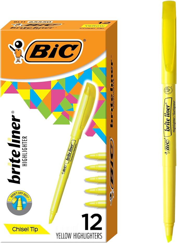 BIC Brite Liner Highlighters, Chisel Tip, School Supplies for Students and Teachers, Ideal for Notes and Textbooks, 12-Count Pack in Yellow