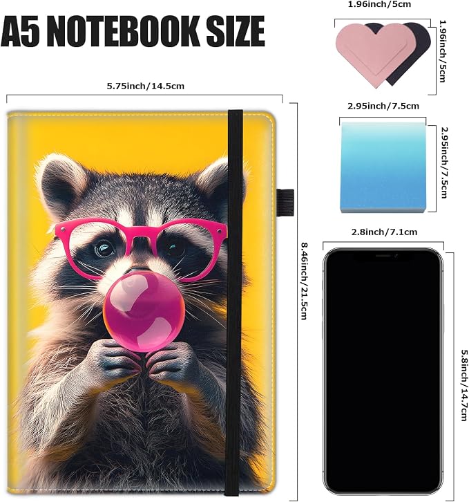 Hardcover Executive Notebooks, A5 PU Leather Lined Journal Notebook, 200 Pages Thick Paper Subject Notebooks for School,Work,Home Writing Business Notebook, Diary Book ，Raccoon Bubblegum