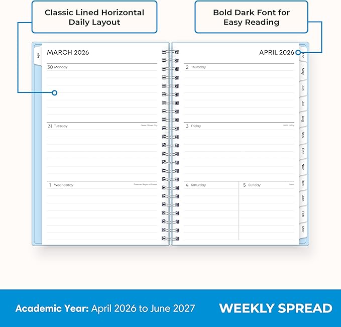 Blue Sky 2026-2027 Weekly & Monthly Academic Planner, 5"x8", Blues | 15-Month April 2026 - June 2027, Flexible Cover With Storage Pockets, Wirebound, Storage Pocket, Academic Year