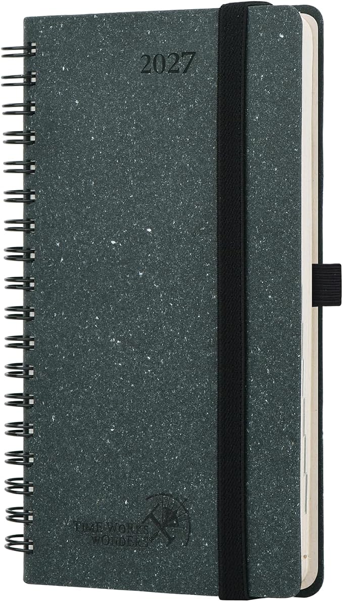 POPRUN 2027 Recycled Pocket Planner (Slim Size 3.5'' x 6.5'') Calendar Book | Weekly and Monthly Planner for Purse with Hourly Time Slots, Italian Regenrated Leather, Spiral Soft Cover - Black Grey