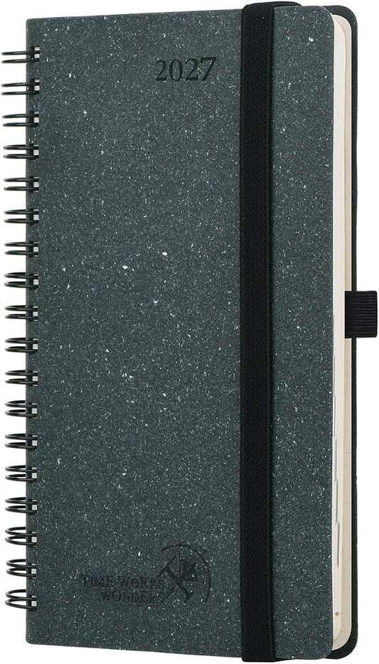 POPRUN 2027 Recycled Pocket Planner (Slim Size 3.5'' x 6.5'') Calendar Book | Weekly and Monthly Planner for Purse with Hourly Time Slots, Italian Regenrated Leather, Spiral Soft Cover - Black Grey
