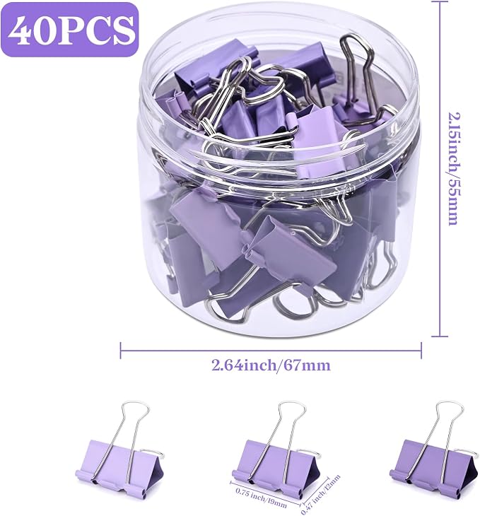 Temiary Aesthetic Binder Clips, Small Metal Binder Clip with Clear Storage Container, Binding Paperwork Clamps for School Teachers Office Supplies (Purple 0.75 Inch, 40P)