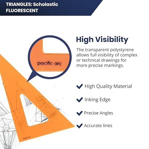 Pacific Arc's Scholastic Triangle - 6 inch - Fluorescent - 30/60 Angle - Polystyrene - Inking Edge - Technical Drawing Tools, Drafting, Architect and Engineering.