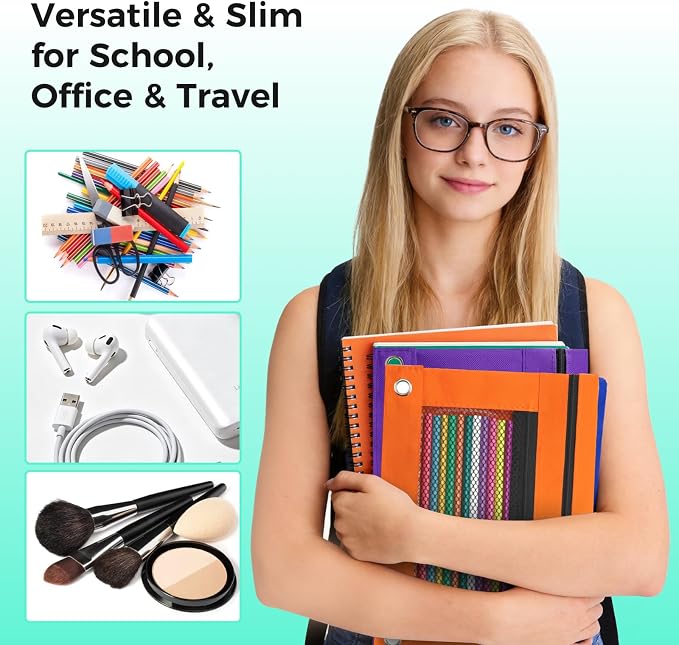 Pencil Pouch for 3 Ring Binder, Pencil Case with Zipper, 600D Fabric Pencil Pouch Bag Holder Accessories, Clear Window Pencil Case Aesthetic Back to School Organizer Pockets for Boy Girl (Orange)