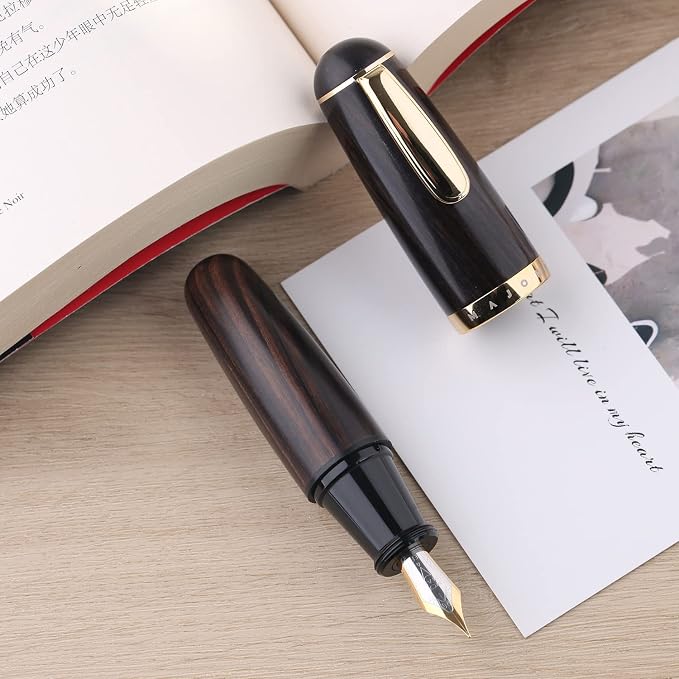 Majohn Q1 Fountain Pen Extra Fine Nib Black Wood, Eyedropper Filling Pocket Pen Large Capacity