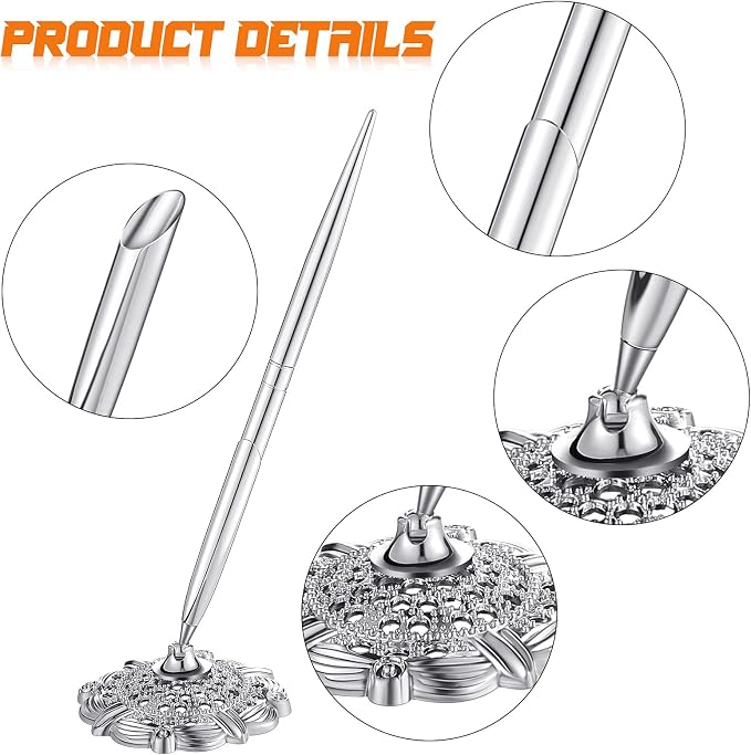 Outus 2 Pieces Wedding Pens for Guest Book Signing Pen with Metal Hollow Round Holder Stand Set for Wedding Bridal Engagement Reception Supplies(Silver)