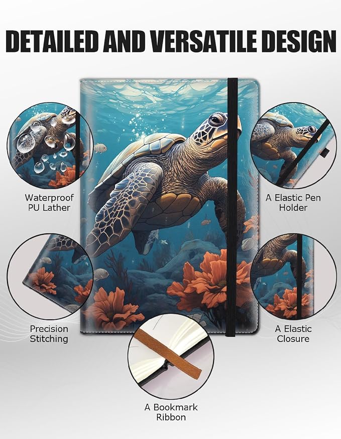 Hardcover Executive Notebooks, A5 PU Leather Lined Journal Notebook, 200 Pages Thick Paper Subject Notebooks for School,Work,Home Writing Business Notebook, Diary Book ， Sea Turtle