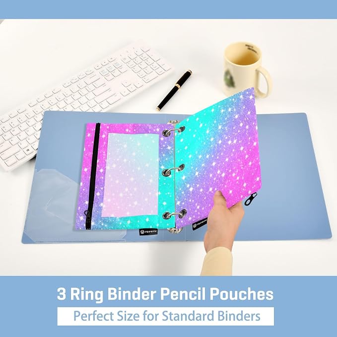 Gredecor 3 Ring Binder Pencil Pouch, Gradient Sparkles Glitter Zippered Pen Case Pouches with Clear Window, 2 Pack Stylish Office & School Supplie