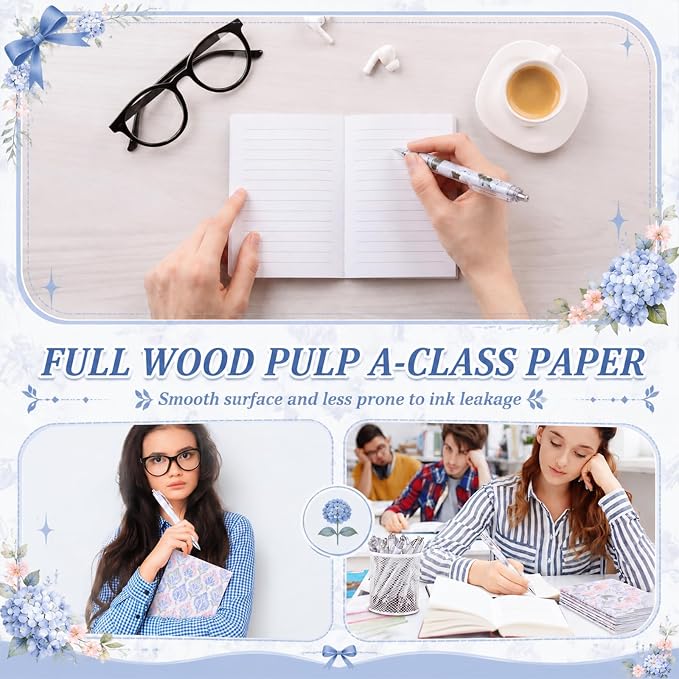 Motiskyy 24 Pcs Blue Hydrangea and Bow Floral Pens Flower Ballpoint Pens Flower Notepads Set Design Line Notebook Employee Gifts Set for Student School Office Supplies, Back to School Gift