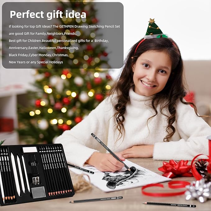 GETHPEN Drawing Sketching Pencil Set,Graphite 12B-4H Charcoal Pencils,24Pcs | Sketch Drawing Kit, Black and White Charcoal Pencils,Stumps,Eraser,Sharpeners, Sketching, Shading, Artist Charcoal Supplies