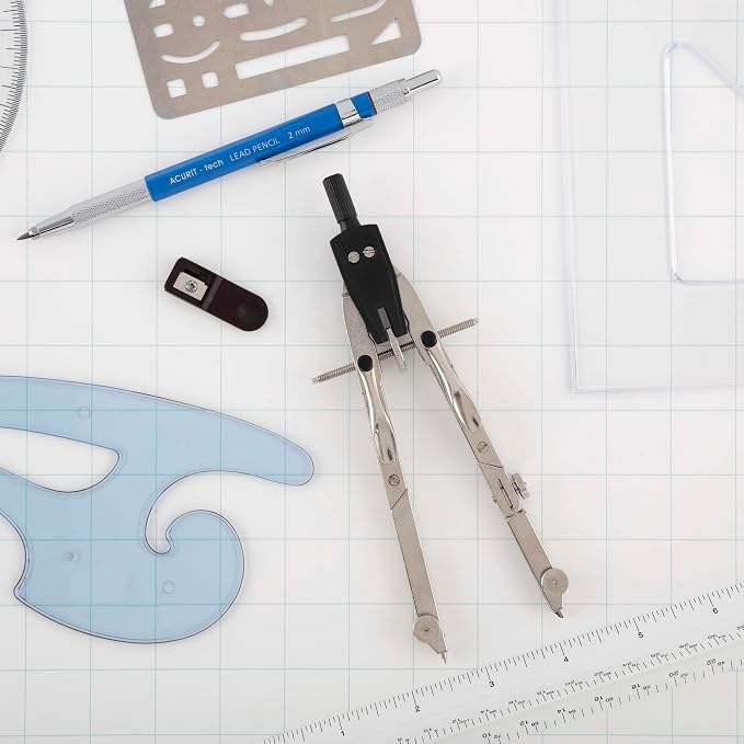 Acurit Drafting Tools Architect Set, 10 Piece Drafting Kit for Architects & Artists: Protractor, Compass, Architect's Scale, 2mm Pencil, Eraser Shield, Triangles, French Curve, Brush