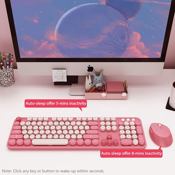 Colorful Wireless Keyboard and Mouse for PC Laptop | Cute Colorful Typewriter Retro Round Keyboard and mouse for PC Laptop