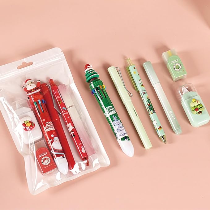 MOZXIRZ 6 Pcs Cute Christmas Stationery Set for Girls Boys Women Men Xmas School Supplies Office Supplies Including Gel Ink Pens Ballpoint Pens Pencil Eraser Christmas Gift (Xmas-Red)