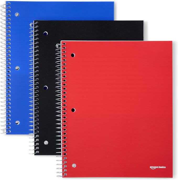Amazon Basics Wide-Ruled Spiral Notebooks with Pocket Divider, 8" x 10.5", 100 Sheets, Perforated Pages, Assorted Primary Colors, 3-Pack