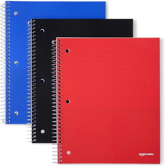 Amazon Basics Wide-Ruled Spiral Notebooks with Pocket Divider, 8" x 10.5", 100 Sheets, Perforated Pages, Assorted Primary Colors, 3-Pack
