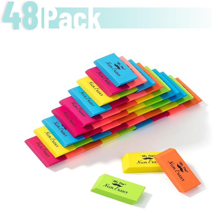 Mr. Pen- Pencil Eraser, 48 Pack, Neon Colors | Large Latex Free Block Erasers Bulk for School, Office, Art Sketching, Homework, Exams, Clean Smudge-Free Correction