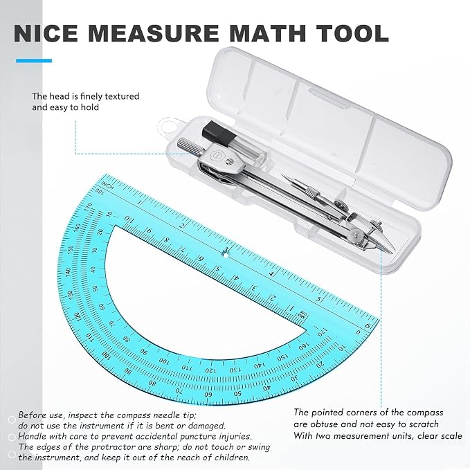 EBOOT Student Geometry Math Set, Drawing Compass and 6 Inch Swing Arm Protractor 180 Degree Math Protractor (Blue)