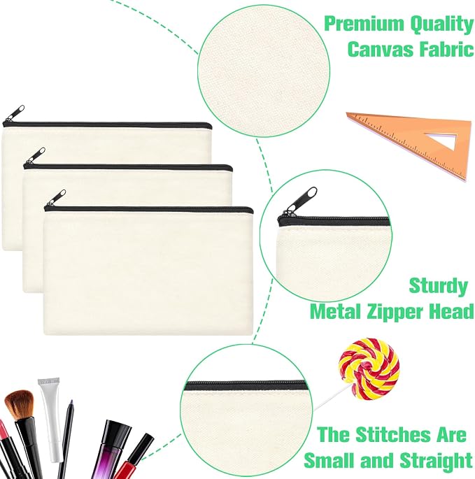 ZeeDix Canvas Zipper Pouch Bulk – 8.3 x 5 Inches Cotton Canvas Pouches with Zipper, Canvas Pencil Pouch, Makeup Bags Bulk for Travel Cosmetic Toiletry, Multipurpose Zipper Pouch for DIY Craft Storage
