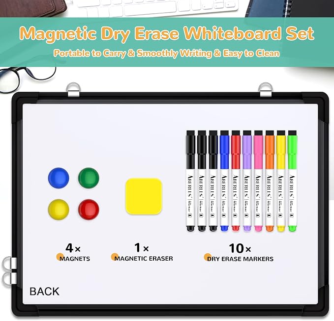 Monthly Calendar Whiteboard for Wall, 17x13 Inches Dry Erase Board with Cork Board Combo, Small Magnetic White Board, Double-Sided Hanging Portable Board for Office School Home Kitchen Planner, Black