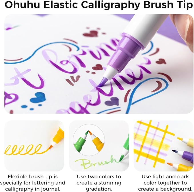Ohuhu Journal Pens 24 Colors Dot Markers Dual Tip Coloring Markers - Kumimi | Calligraphy Brush & Dot for Adults Water-based Metallic & Regular Colors Dot Pens for Lettering Journal Scrapbooking