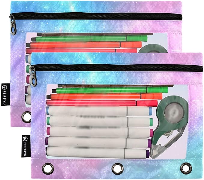 ALAZA Pencil Pouch for 3 Ring Binder, Pink Blue Sky Print Binder Pencil Pouches with Clear Window Zipper Pencil Case Cosmetic Bags for Office College Supplies, 2PCS
