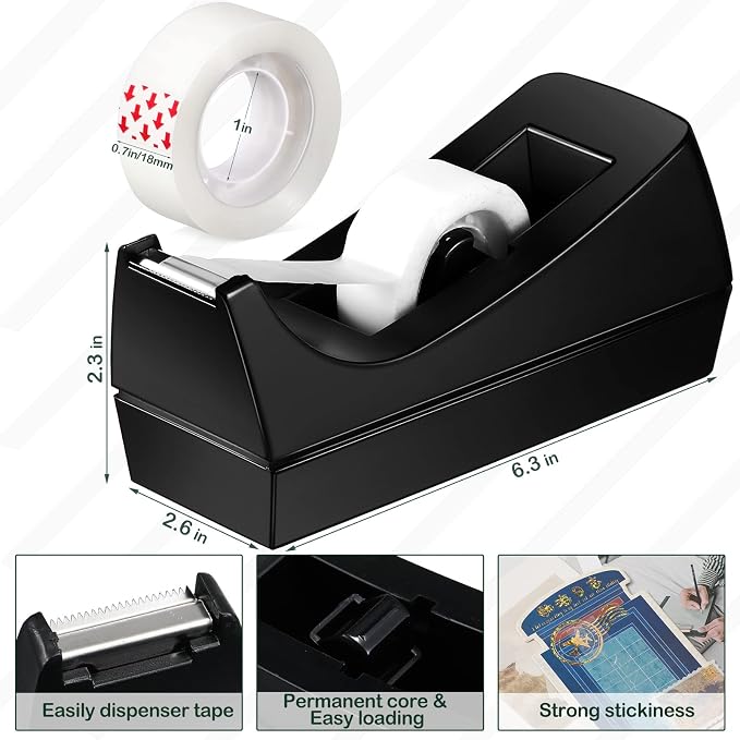 Yahenda 18 Pack Black Desktop Tape Dispenser Non Skid Base with 0.7 x 985 Inches Invisible Tape Refills Bulk Weighted Roll Dispenser for Office Home School