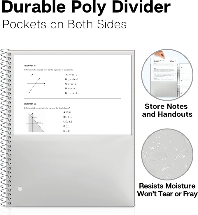 Dunwell College Ruled Spiral Notebook (Black), 1 Subject Notebook 8.5 x 11 for School, Plastic Cover, Pocket Divider, 100 Sheets (200 Pages), 3-Hole Punched Perforated 8 1/2 x 11 Paper