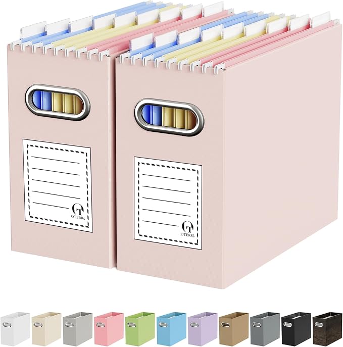 Oterri File Organizer Box, Portable Collapsible Cardboard File Folder Organizer with Handle for Letter Size Hanging Files, Document Storage Box for Home Office & Classroom (2 Packs, Light Pink)