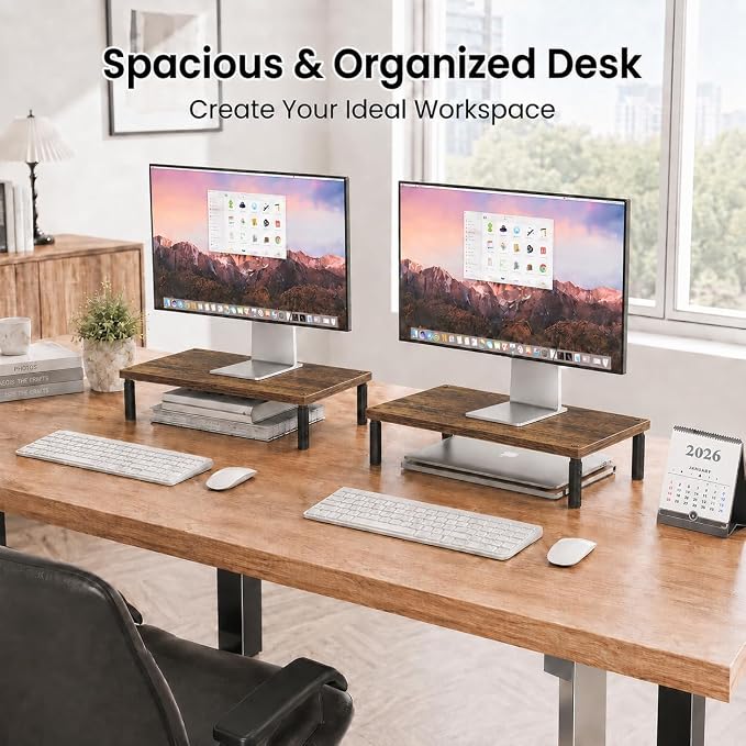 OPNICE Adjustable Monitor Stand Riser for Desk, Computer & Laptop Stand, Desk Organizers and Accessories, Office Desk Accessories & Workspace Organizer for Home Office, Brown Wood