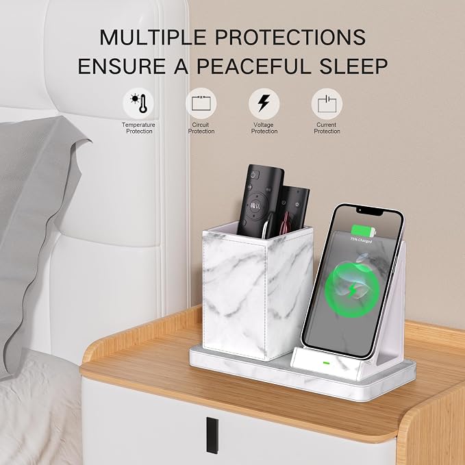 LADSTAG Multi-Functional Pencil Holder for Desk,marble Vegan Leather Organizers with Remote Control Holder,Pencil Holder Desk Organizer with Phone Wireless Charger for Office/Nightstand/Endtable
