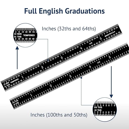 PEC Tools 6 inch Flexible Metal Ruler, Easy to Read Stainless Steel Ruler, High Contrast, 16R Graduation (1/32", 1/64", 1/50", 1/100"), Machinist Ruler with Black Chrome Finish, Made in USA