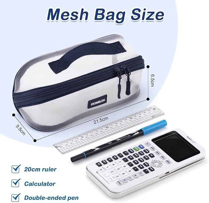 CICIMELON Transparent Mesh Pencil Pouch with Handle Big Case Clear Pen Bag College Essentials School Supplies, Navy