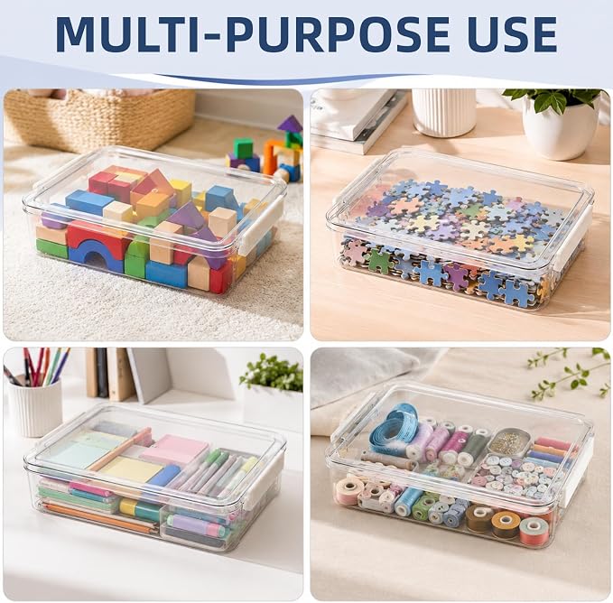 2 Pack Plastic File Storage Boxes, Flat Clear A4 Paper Art Supply Storage Organizer with Lids Latches, Stackable Magazine Bins Letters Documents Container for Home, Office