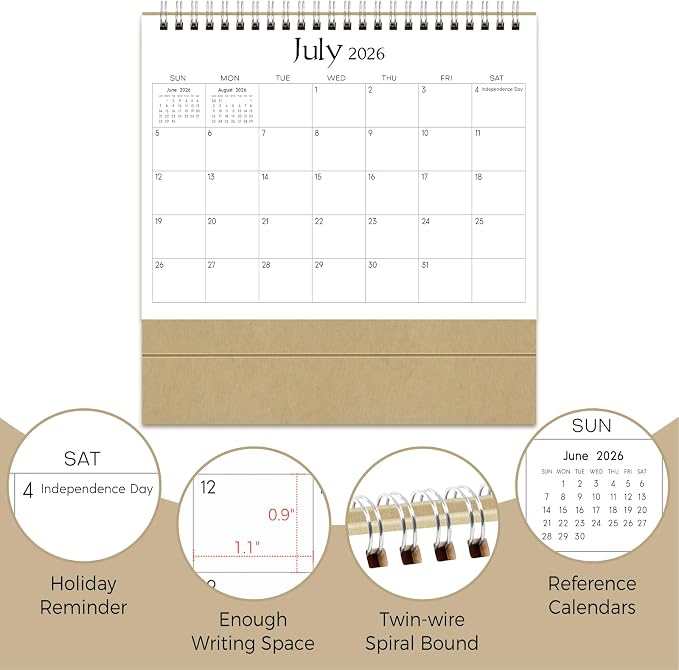 SKYDUE Small Desk Calendar 2026-2027, Jul. 2026 – Dec. 2027, 8.3" x 6.3", Black Minimalist Style, Double-Wire Binding, To-Do & Notes Sections, with 280 Planner Stickers
